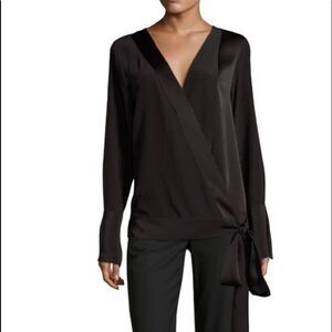 Diane Von Furstenberg Silk Black Wrap Tie Blouse With Textured Trim And Cuff